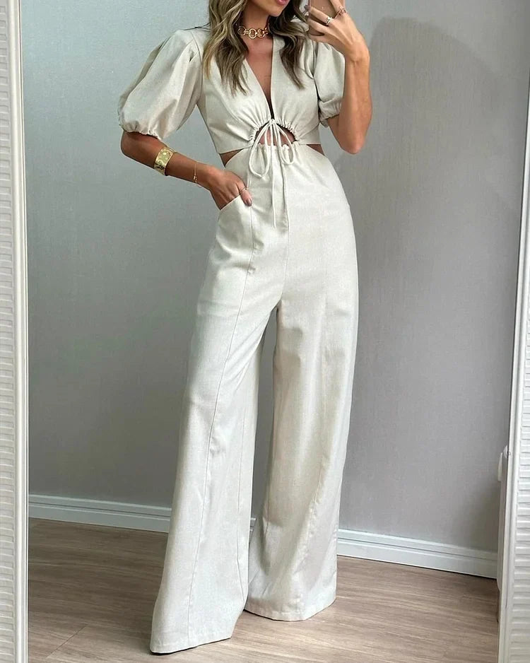 Casual Puff-Sleeve Jumpsuit