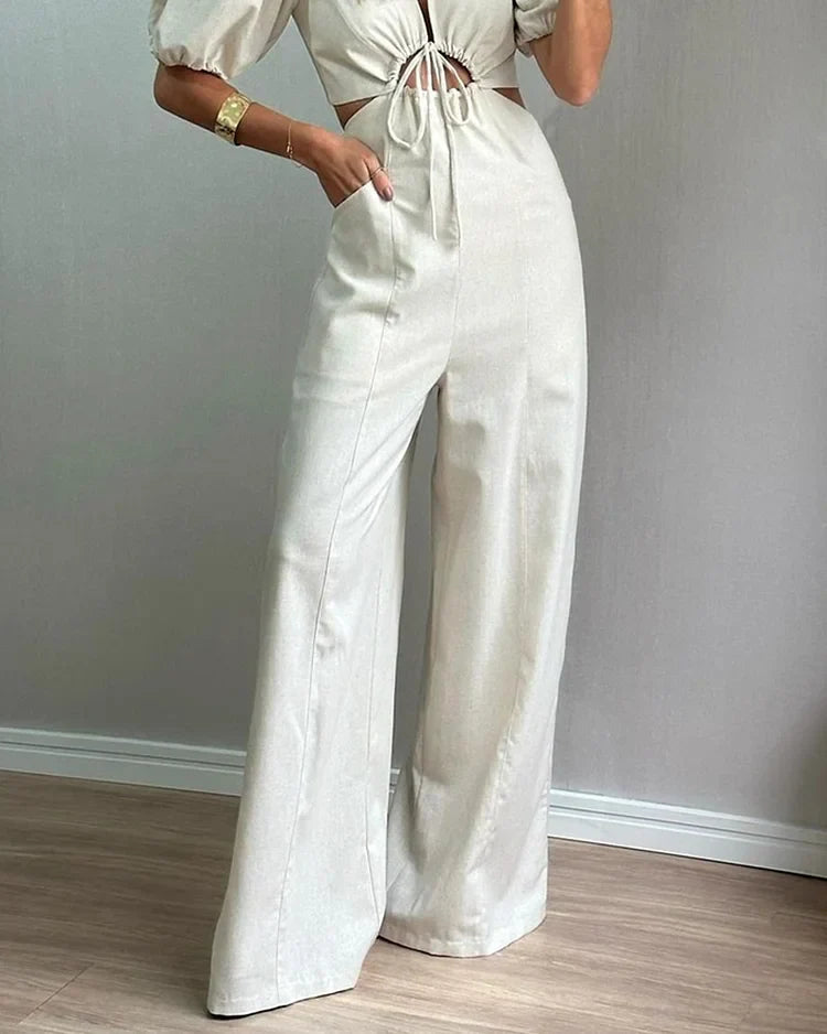 Casual Puff-Sleeve Jumpsuit