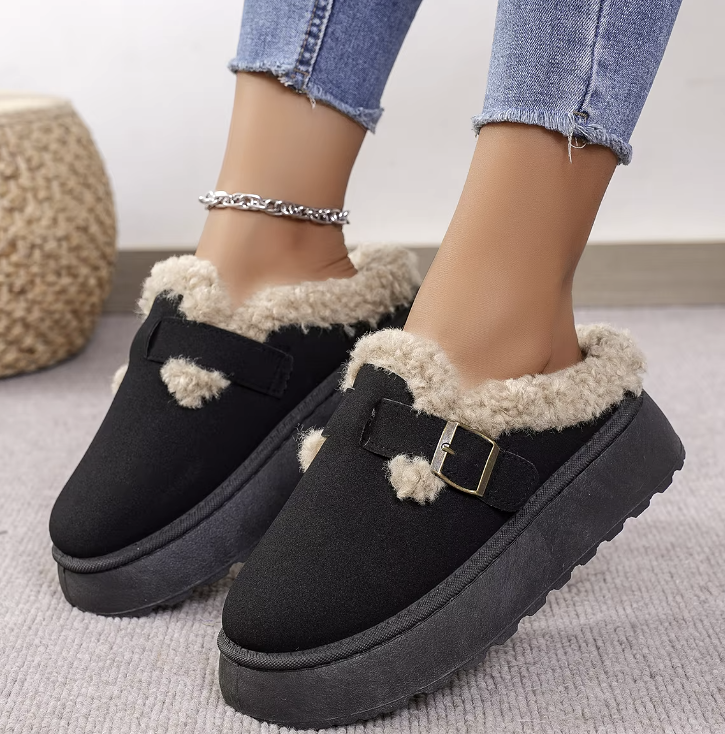 Women's Solid Color Plush Platform House Slippers